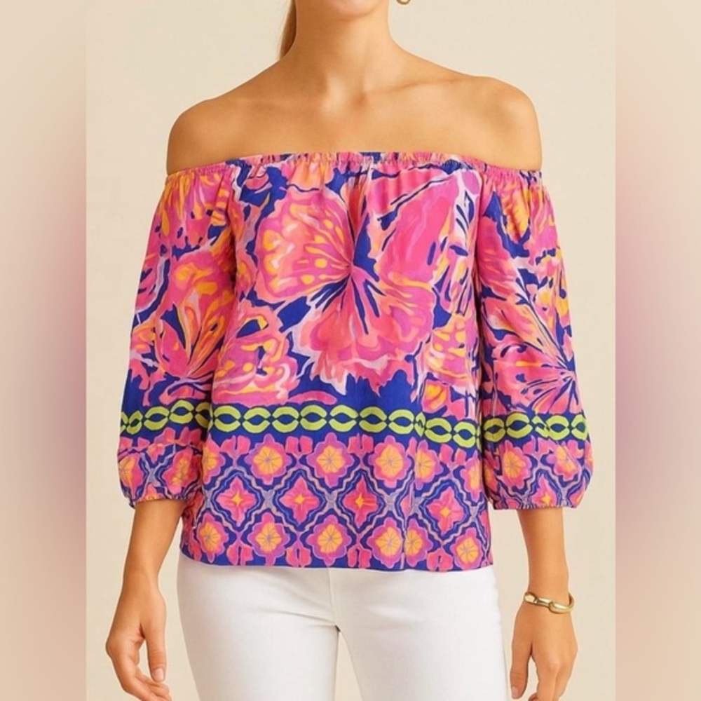 Lilly Pulitzer Sanilla Silk Floral Printed Off-the-Shoulder Blouse Large‎ Resort